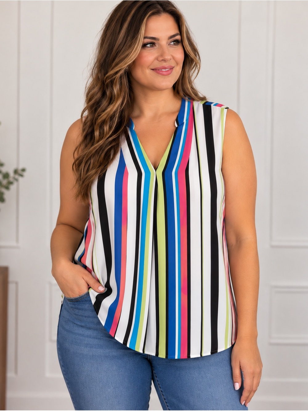 Nine West Women's Multicolour Vertical Striped Sleeveless Blouse XL